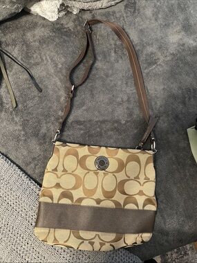 Coach Tan/KhakI Signature Canvas Crossbody with Brown Leather Trim